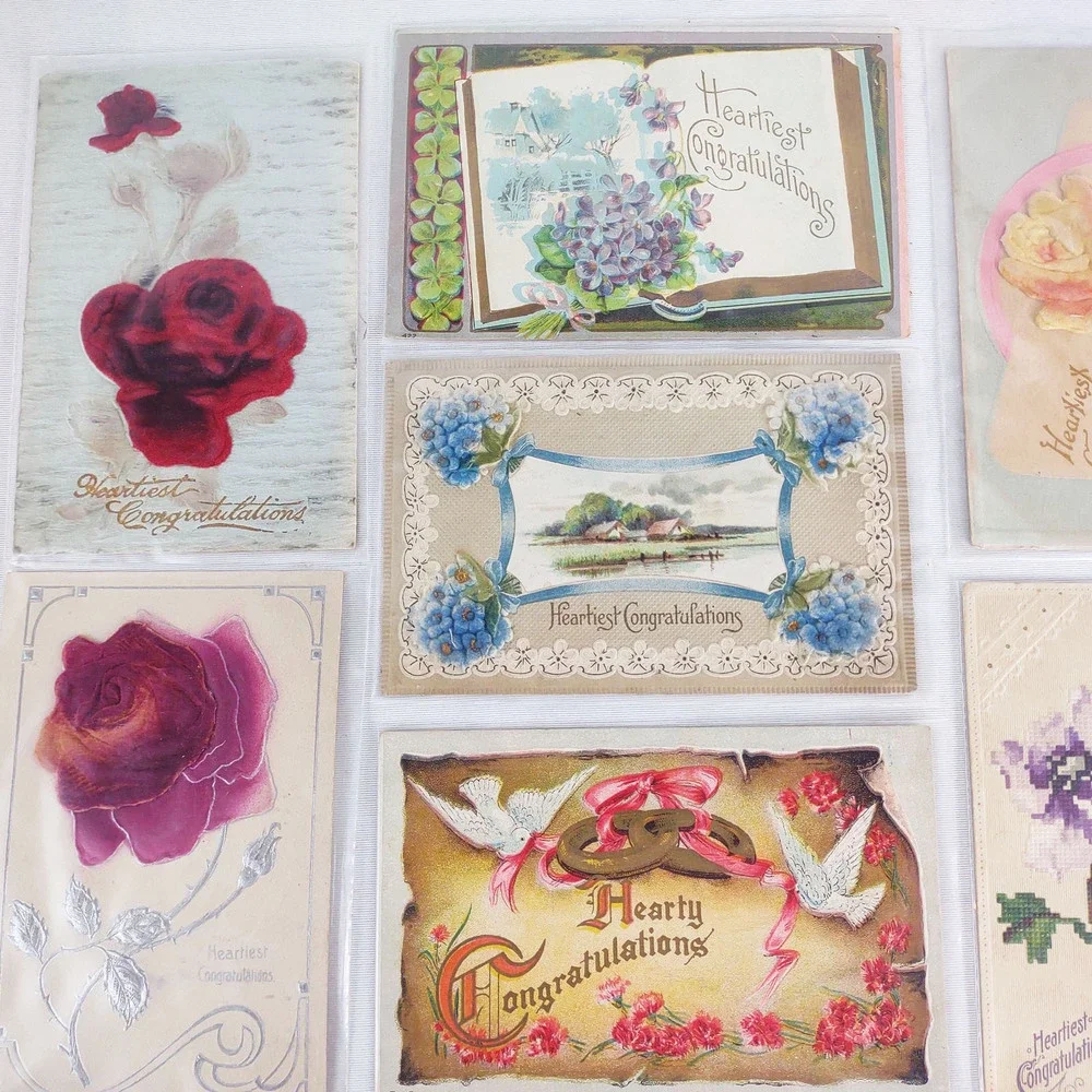 Lot 10 Antique Early 1900s Congratulations Greeting Cards Postcards Velvet Flora